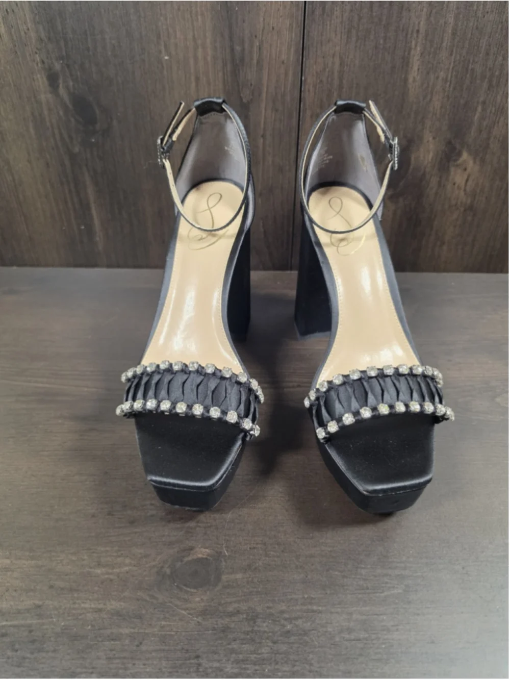 Sam Edelman Ninette Crystal Rhinestones Pleated Block Heels 7.5 M Black Satin